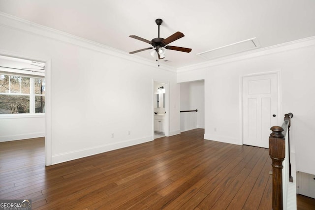 unfurnished room with ceiling fan, dark hardwood / wood-style floors, and ornamental molding