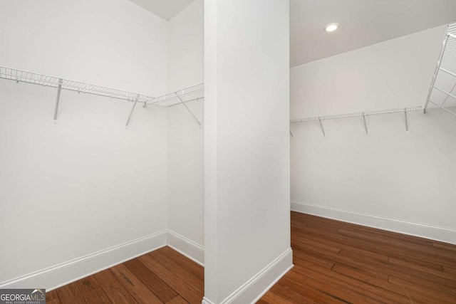 spacious closet with dark hardwood / wood-style floors