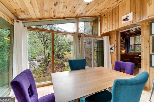 dining space featuring hardwood / wood-style flooring, wooden ceiling, lofted ceiling, and wood walls