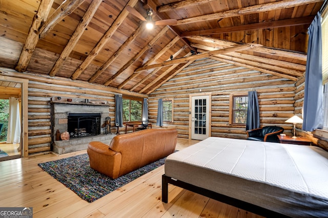 bedroom featuring beam ceiling, a fireplace, log walls, and wooden ceiling