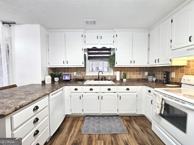 kitchen with white appliances, white cabinets, extractor fan, sink, and dark hardwood / wood-style floors