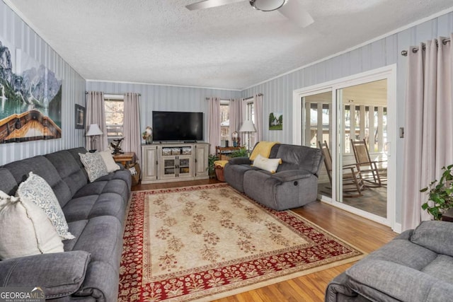 living room with a textured ceiling, a wealth of natural light, and light hardwood / wood-style flooring