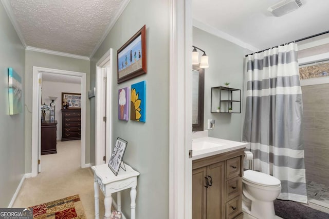 bathroom with toilet, vanity, crown molding, a textured ceiling, and curtained shower