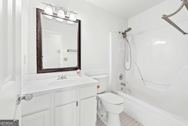 full bathroom with toilet, vanity, tub / shower combination, and tile patterned floors