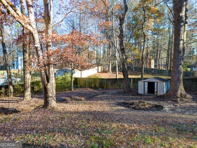 view of yard featuring a storage shed