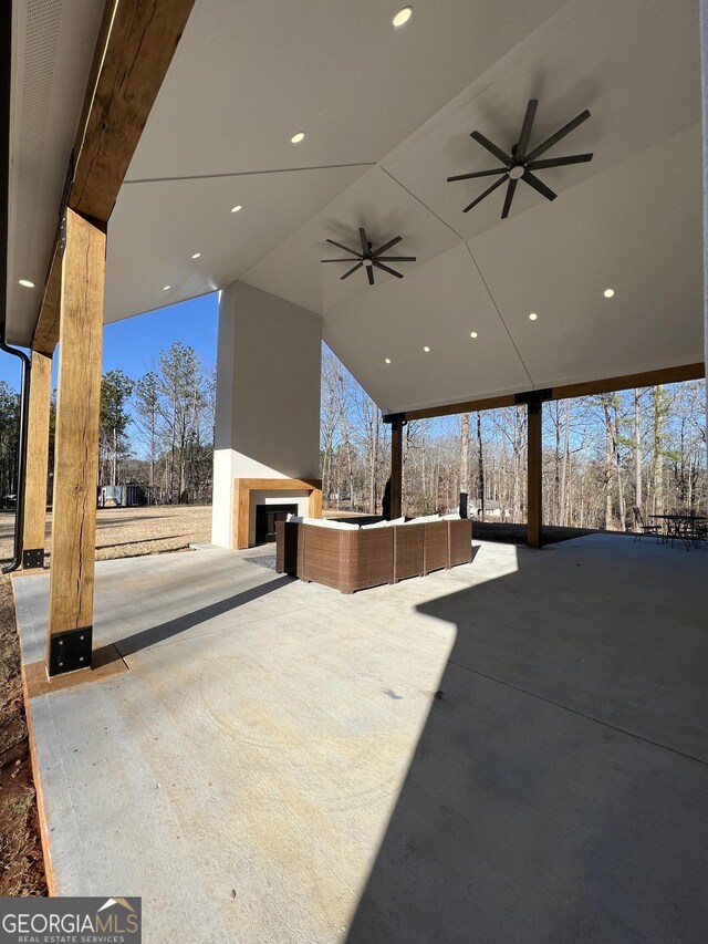 view of patio / terrace with ceiling fan and an outdoor hangout area