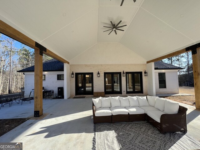 view of patio with an outdoor hangout area, ceiling fan, and french doors