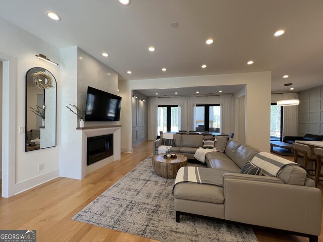 living room with a fireplace and light hardwood / wood-style flooring