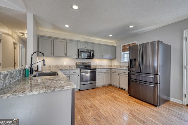 kitchen featuring appliances with stainless steel finishes, sink, kitchen peninsula, a textured ceiling, and light wood-type flooring