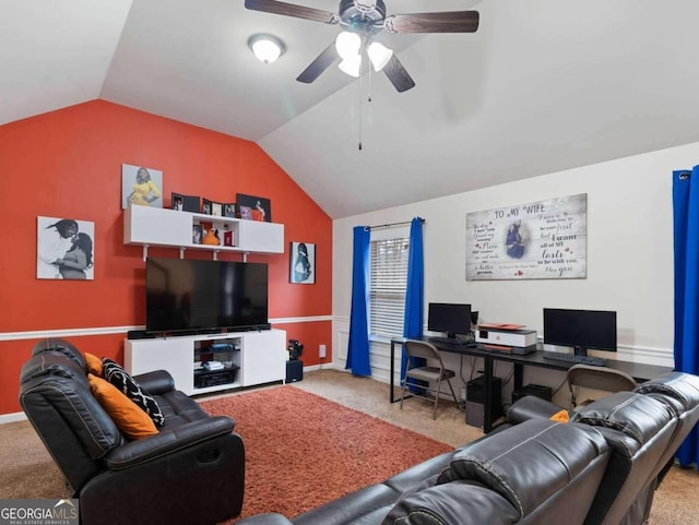 carpeted living room featuring ceiling fan and lofted ceiling