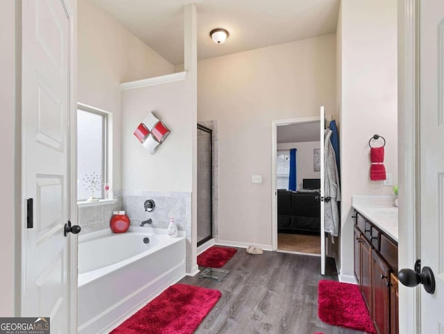 bathroom featuring plus walk in shower, wood-type flooring, and vanity