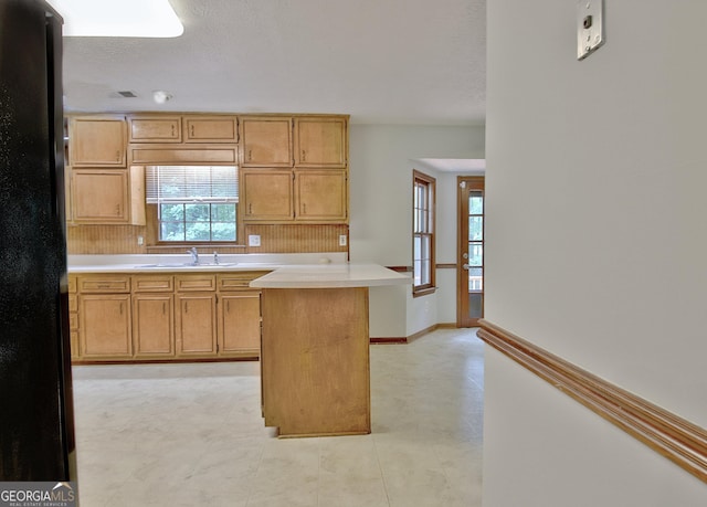 kitchen with sink, a kitchen island, and black fridge