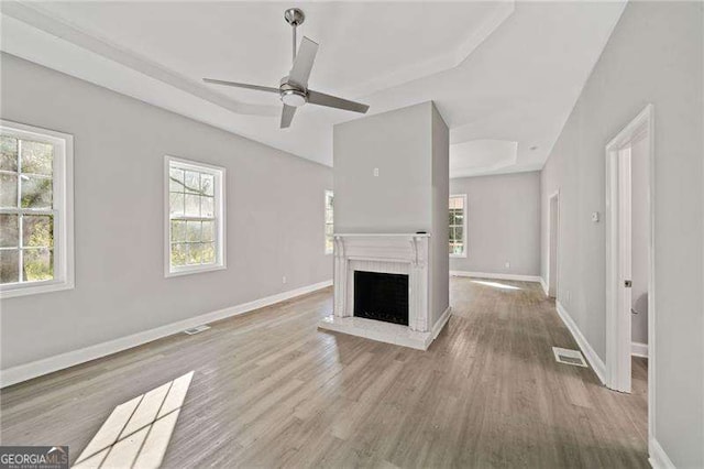 unfurnished living room with light hardwood / wood-style floors, a wealth of natural light, a raised ceiling, and a fireplace