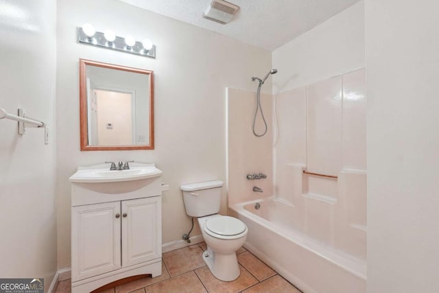 full bathroom featuring a textured ceiling, tile patterned floors, vanity, shower / bath combination, and toilet