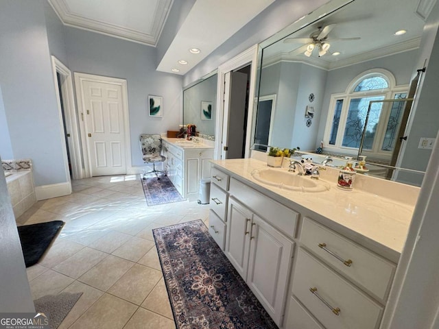 bathroom featuring ceiling fan, vanity, tile patterned flooring, and ornamental molding