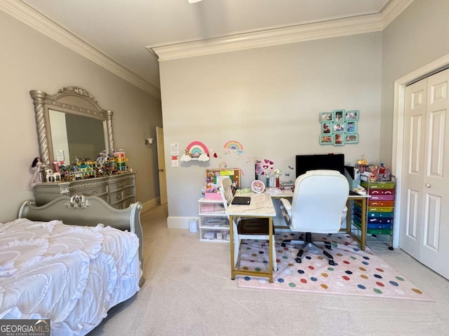 carpeted bedroom with a closet and crown molding