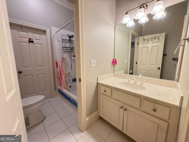 full bathroom with tile patterned floors, vanity, toilet, and shower / bath combination with curtain