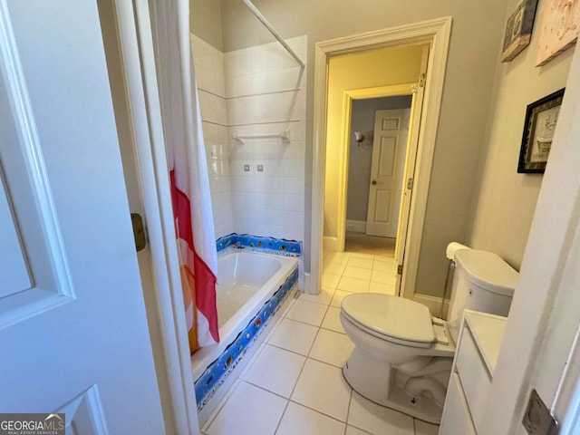 full bathroom with toilet, vanity, tile patterned floors, and shower / bathtub combination with curtain