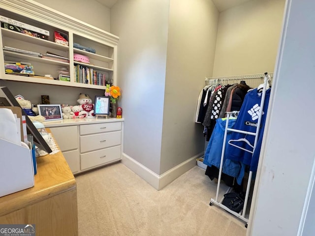 walk in closet with light colored carpet