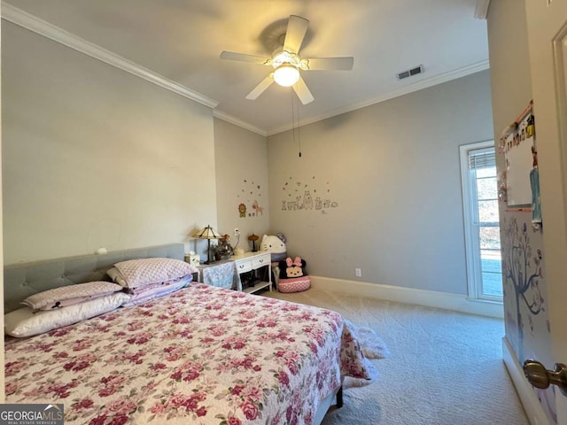 carpeted bedroom featuring ceiling fan and ornamental molding