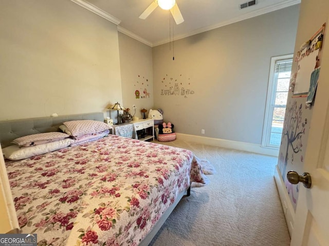 bedroom with ceiling fan, carpet, and ornamental molding