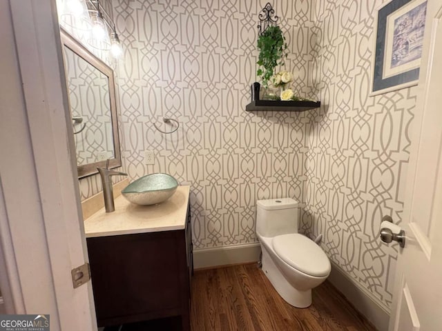 bathroom featuring toilet, vanity, and wood-type flooring