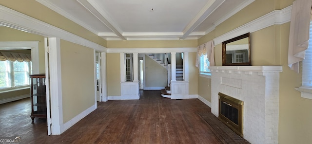 interior space with dark hardwood / wood-style flooring, crown molding, beamed ceiling, and coffered ceiling