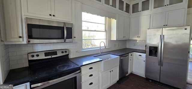 kitchen with white cabinetry, appliances with stainless steel finishes, tasteful backsplash, dark wood-type flooring, and sink