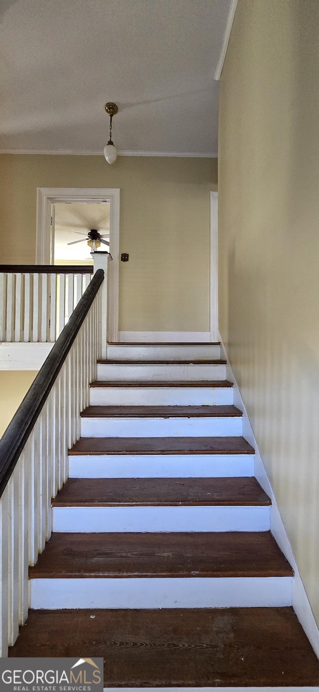 stairway featuring ceiling fan and crown molding