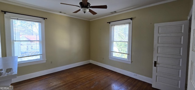 unfurnished room featuring ceiling fan, dark hardwood / wood-style flooring, and crown molding