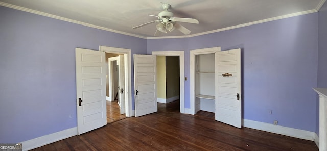 unfurnished bedroom with ceiling fan, dark hardwood / wood-style flooring, and crown molding