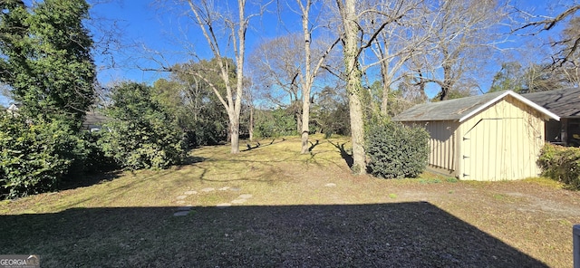 view of yard featuring a storage unit