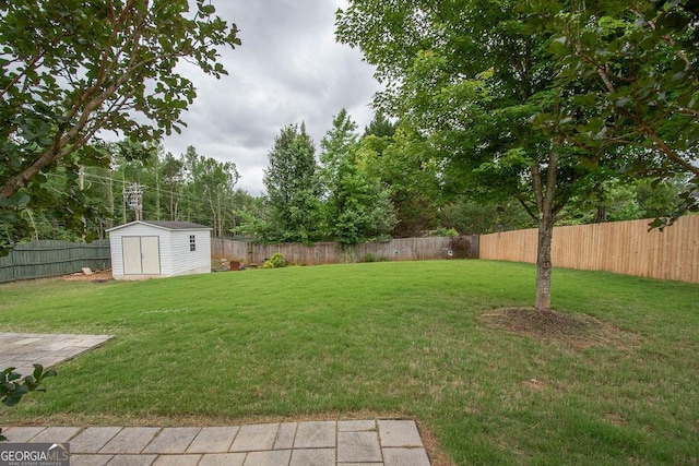 view of yard featuring a storage unit