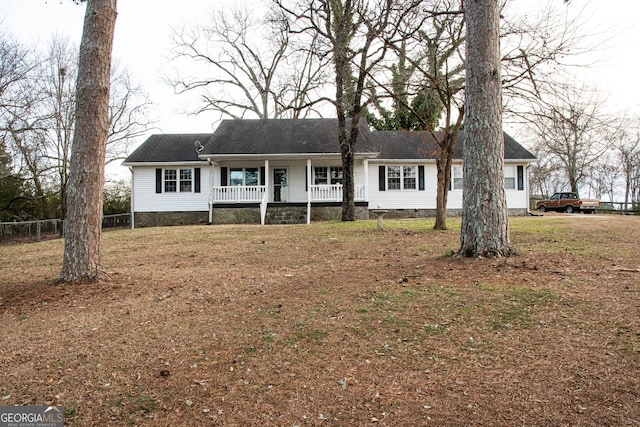 single story home with a front lawn and a porch