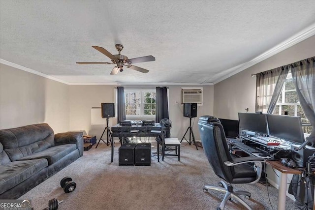 office space with carpet, a textured ceiling, crown molding, and a wall mounted air conditioner