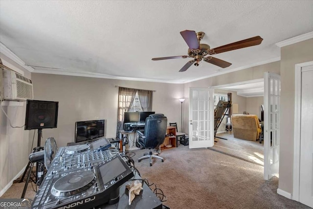 office with french doors, crown molding, carpet flooring, a textured ceiling, and a wall mounted air conditioner