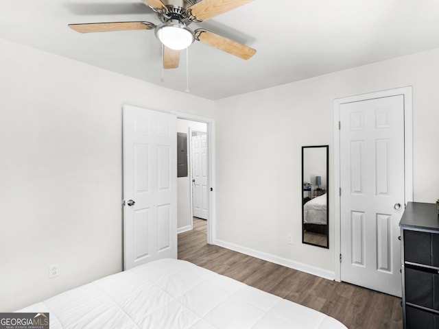 bedroom with dark hardwood / wood-style floors and ceiling fan