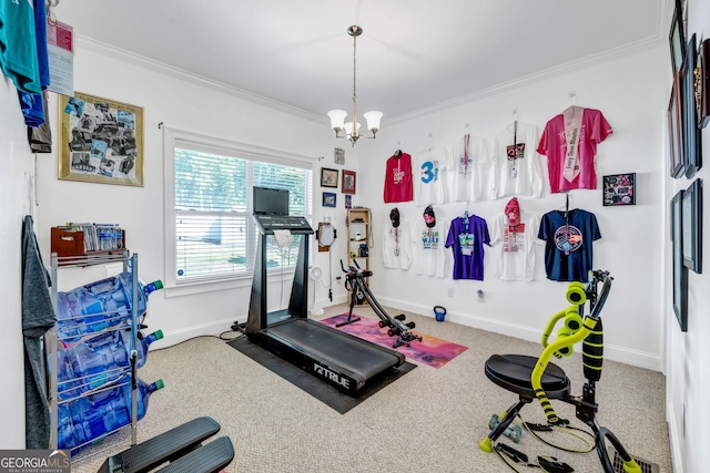 workout area featuring carpet, ornamental molding, a chandelier, and baseboards