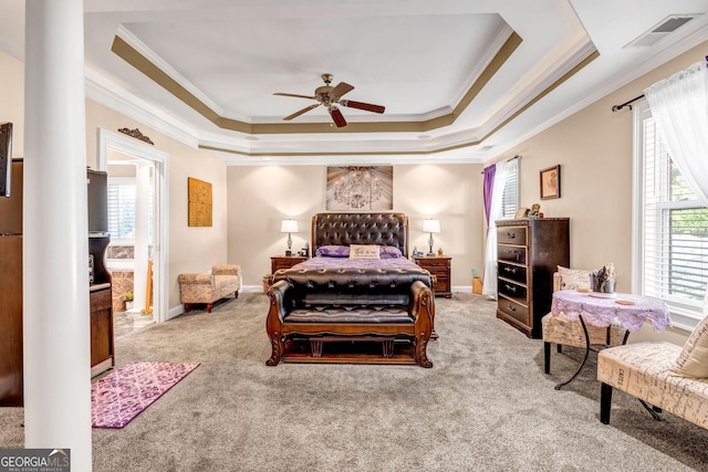 carpeted bedroom with multiple windows, visible vents, and a raised ceiling