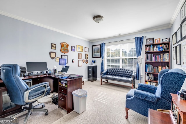 office space featuring baseboards, light colored carpet, and crown molding