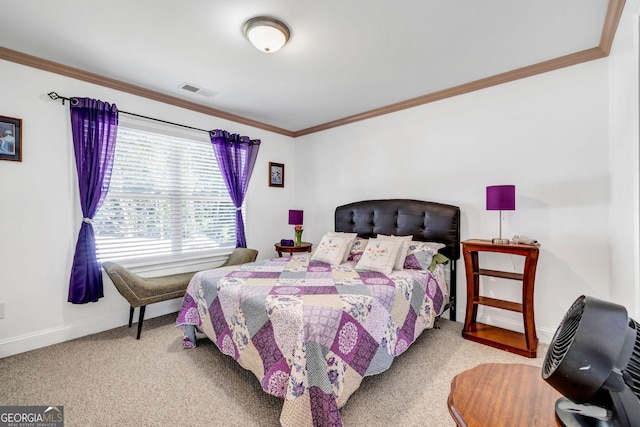 carpeted bedroom featuring visible vents, ornamental molding, and baseboards