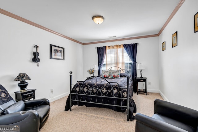 bedroom with baseboards, visible vents, carpet flooring, and ornamental molding