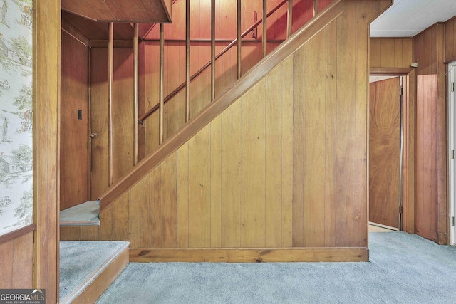 room details featuring wood walls and carpet flooring