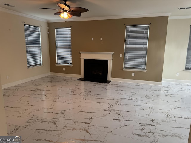 unfurnished living room featuring ceiling fan and crown molding