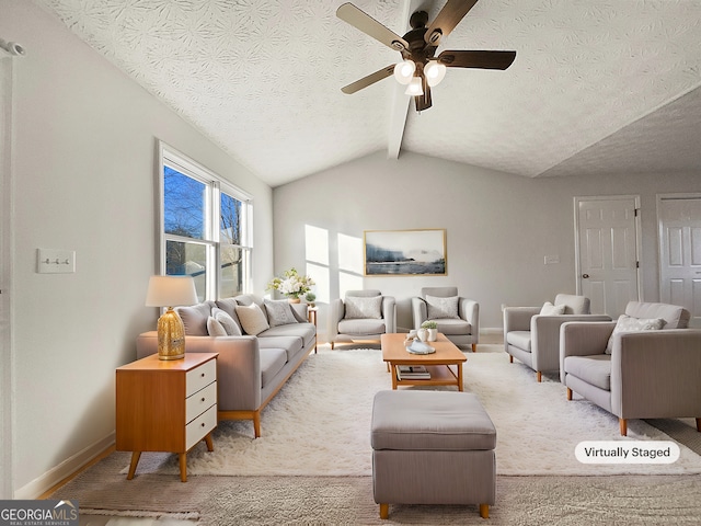 living room featuring light colored carpet, a textured ceiling, and vaulted ceiling with beams