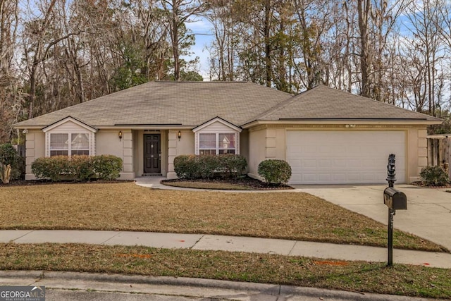 single story home featuring a front yard and a garage