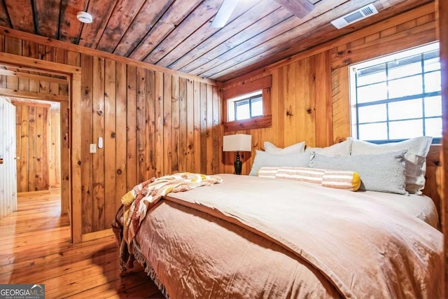 bedroom featuring wooden ceiling, wood-type flooring, and wooden walls