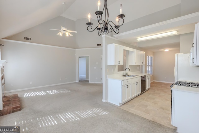 kitchen featuring white appliances, light colored carpet, high vaulted ceiling, white cabinets, and sink