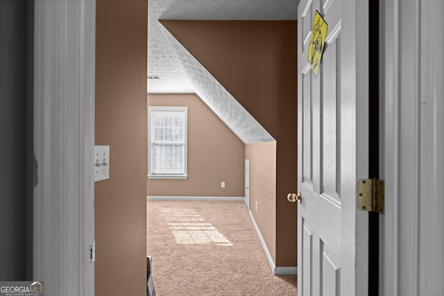 additional living space featuring lofted ceiling, light colored carpet, and a textured ceiling