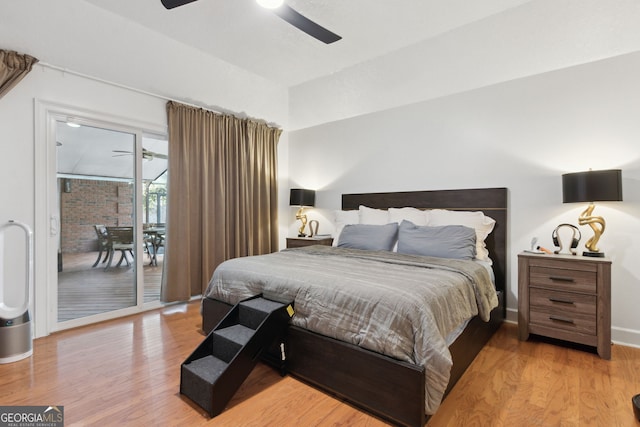 bedroom featuring ceiling fan, access to exterior, and light hardwood / wood-style floors